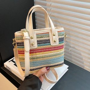 Fabric Tote Bag with Zipper and Stitching Detail - One Size