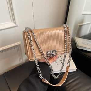 PU Small Square Shoulder Bag with Magnetic Closure and Stitching Detail - Light Khaki,Black,Khaki,Beige,Pink,Brown - One Size