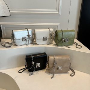 PU Saddle Shoulder Bag with Lock Closure and Stitching Detail - White,Silver,Black,Khaki,Green - One Size