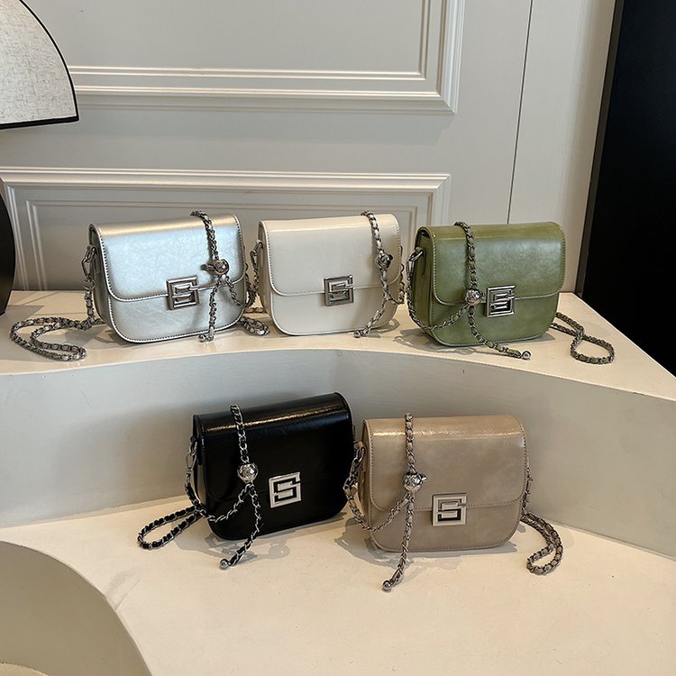 PU Saddle Shoulder Bag with Lock Closure and Stitching Detail - White,Silver,Black,Khaki,Green - One Size