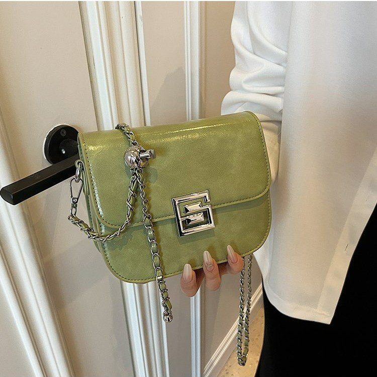 PU Saddle Shoulder Bag with Lock Closure and Stitching Detail - White,Silver,Black,Khaki,Green - One Size - Image 4