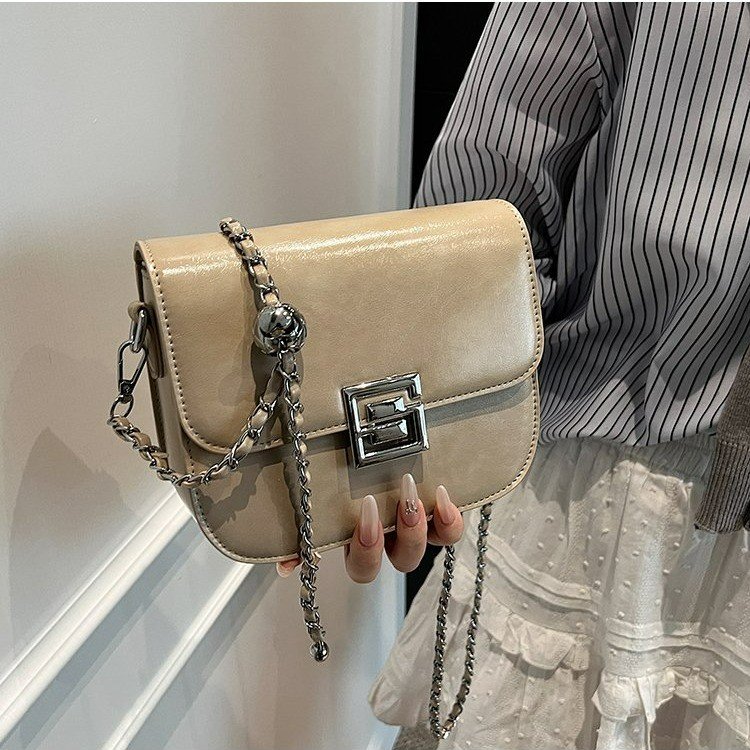 PU Saddle Shoulder Bag with Lock Closure and Stitching Detail - White,Silver,Black,Khaki,Green - One Size - Image 3