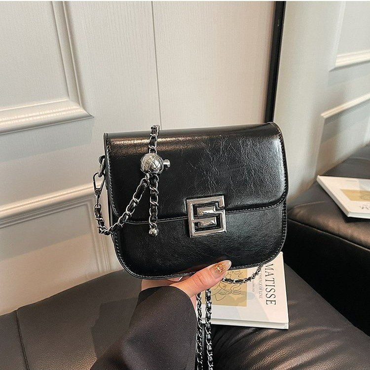 PU Saddle Shoulder Bag with Lock Closure and Stitching Detail - White,Silver,Black,Khaki,Green - One Size - Image 2