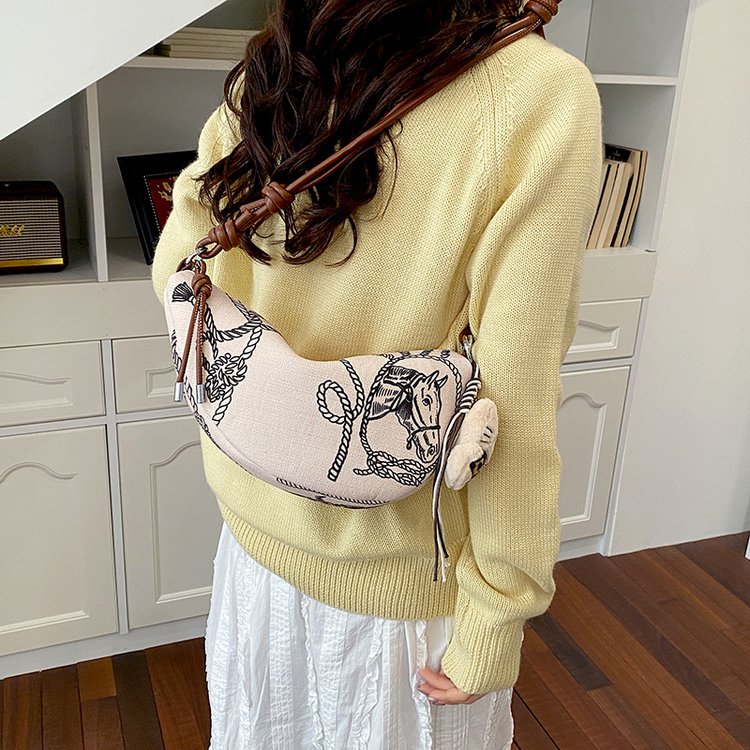 Women's Printed Pillow Bag with Zip Closure - White and Brown - Image 4