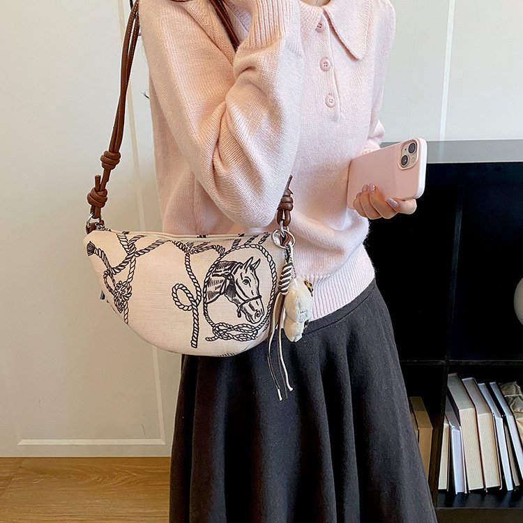 Women's Printed Pillow Bag with Zip Closure - White and Brown - Image 3