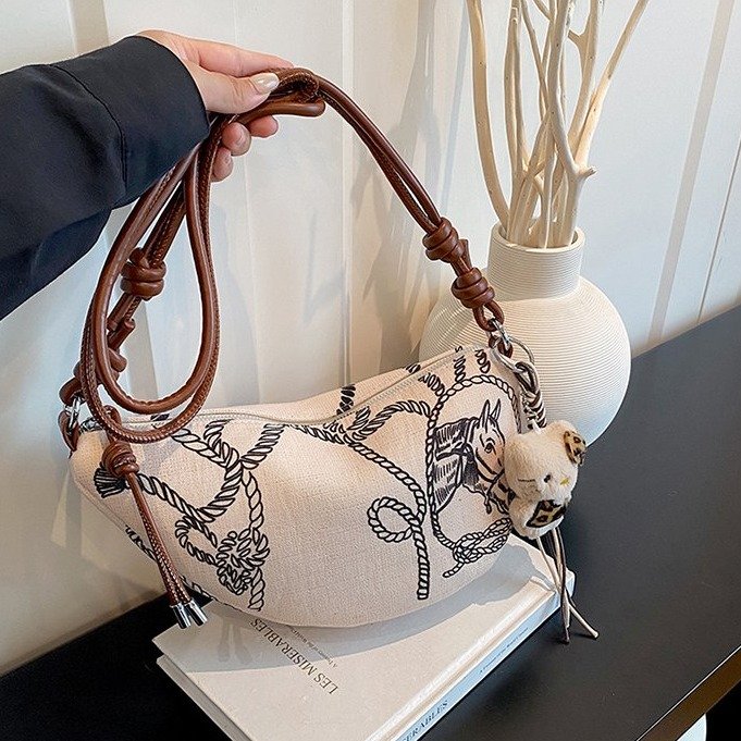 Women's Printed Pillow Bag with Zip Closure - White and Brown