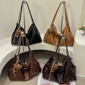 Women's Hobo Bag with Zip Closure and Charm - Yellow Brown