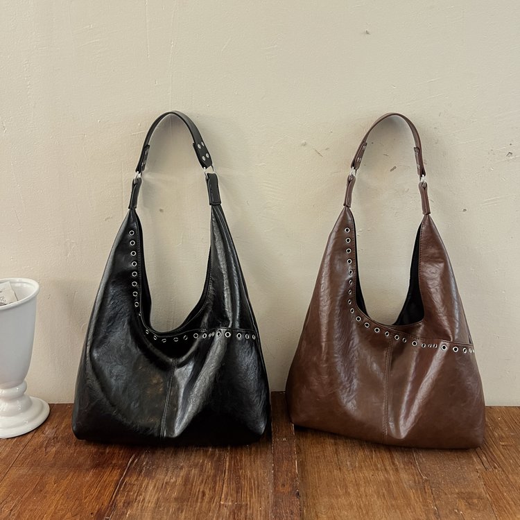 PU Hobo Tote Bag with Magnetic Closure and Rivet Details - Image 2