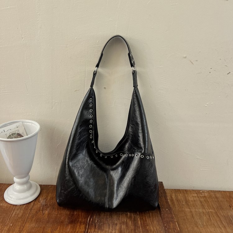PU Hobo Tote Bag with Magnetic Closure and Rivet Details - Image 3